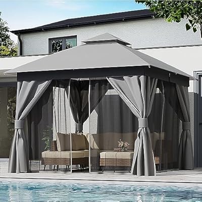 LAUSAINT HOME Outdoor Patio Gazebo 10'x10' with Expansion Bolts, Heavy Duty Gazebos Shelter Party Tent with Double Roofs, Mosquito Nettings and Privacy Screens for Backyard, Garden, Lawn, Smoke Grey