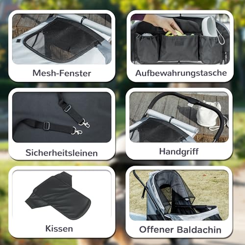 PawHut Hundewagen Hundebuggy klappbar für große Hunde & Katzen bis 30 kg Katzenbuggy mit Kissen Netzfenstern Türen Aufbewahrungstasche Katzenwagen Buggy Grau