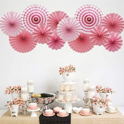 Image of 6 pcs Light Pink Hanging Paper Fans for Birthday Anniversary Bridal Shower Baby Shower Colorful Patterns Party Fans for Party Decoration Christmas Diwali & Wedding Decor (Pack of 6)