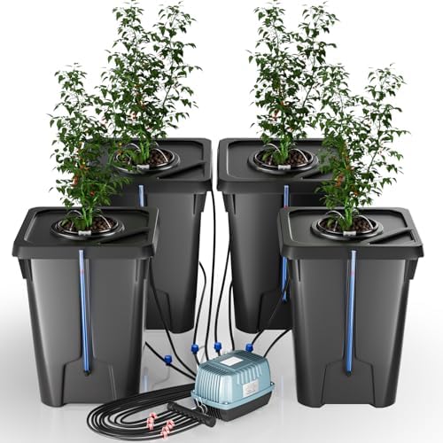 YIFOR 4 Buckets DWC Hydroponics Growing System with Top Drip Kit 7 Gallon Deep Water Culture Bucket System with Air Pump, Air Stone, Air Hose, Recirculating Drip Garden System
