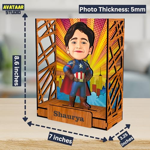 Image of Personalized Gift for Kids, Friends Character Caricature Photo Frame Unique Design Customized Gift for Children, Return Gift Idea (Captain America, Box)