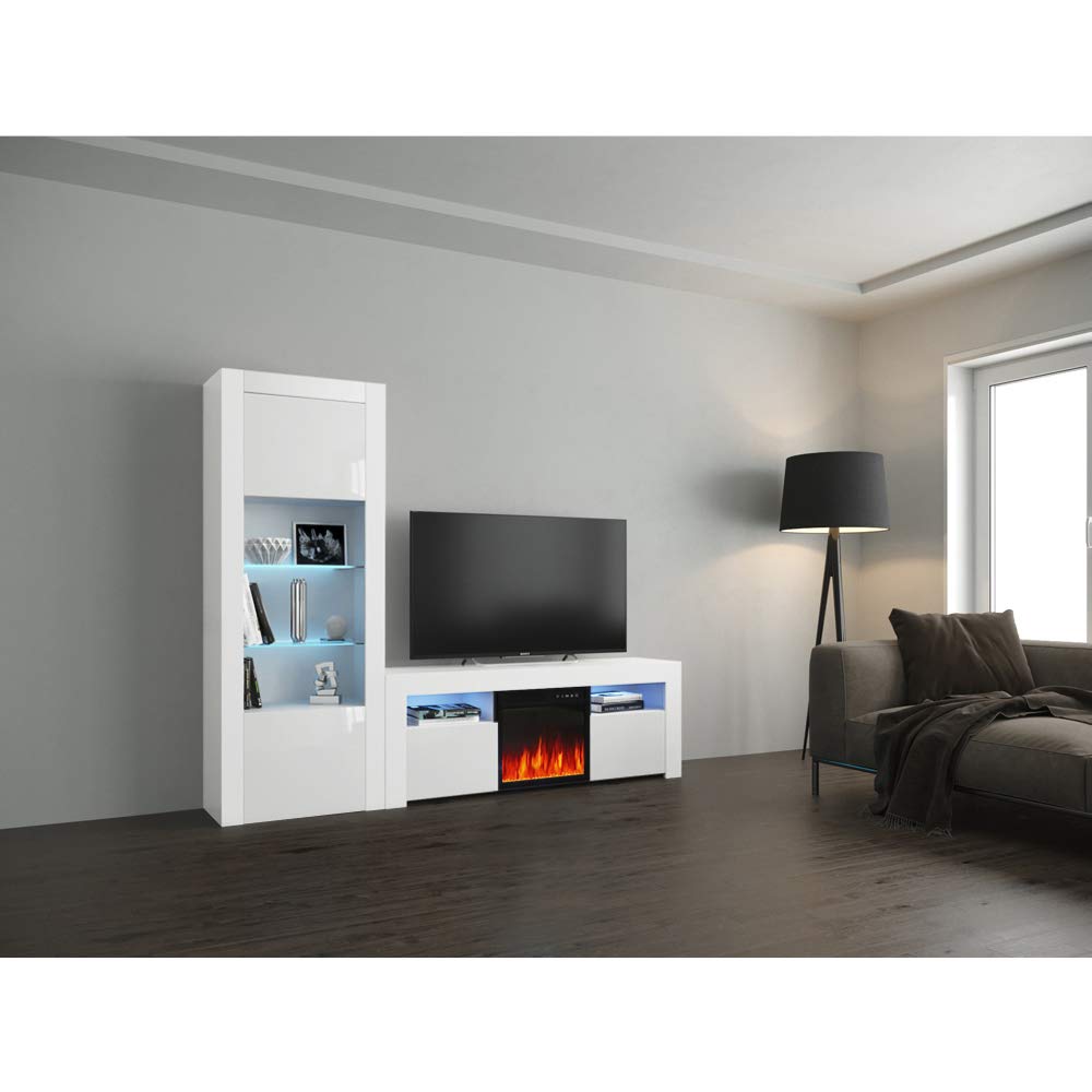 Meble Furniture Milano 145EF-BK Fireplace TV Stand - Modern High Gloss Entertainment Center for Living Room, Bedroom - Central Entertainment Center Console with Storage Space - White