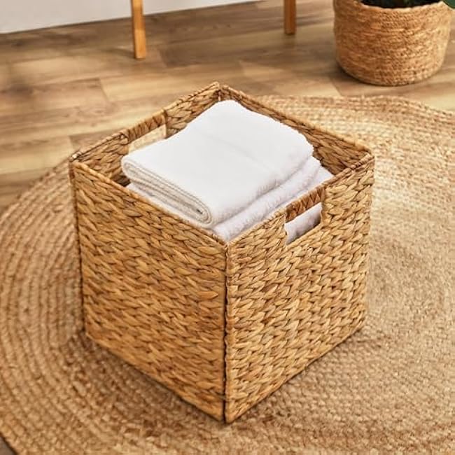 12 x 12in Storage Cube, Water Hyacinth Storage Basket, Wicker Storage Baskets for Shelves, Woven Baskets for Storage, Square Wicker Storage Basket for Bedroom, Living Room (01 Pack)