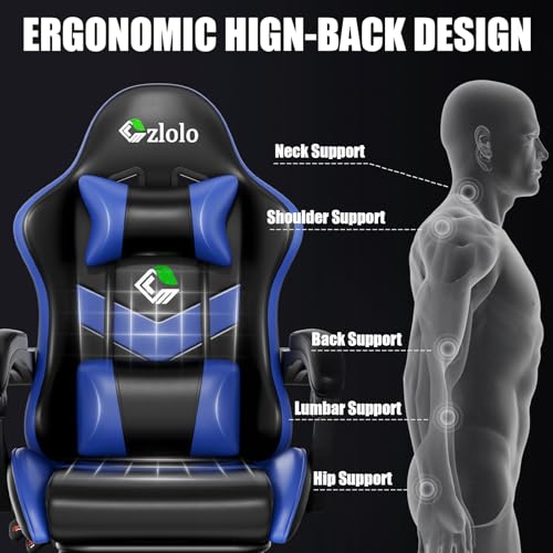 Image of Czlolo Gaming Chair with Footrest Racing Style Lumbar Support Massager Video Game Chair with Metal Legs, High Back Gamer Chair with Headrest, 360 Swivel Office Computer Desk Chair, Navy Blue
