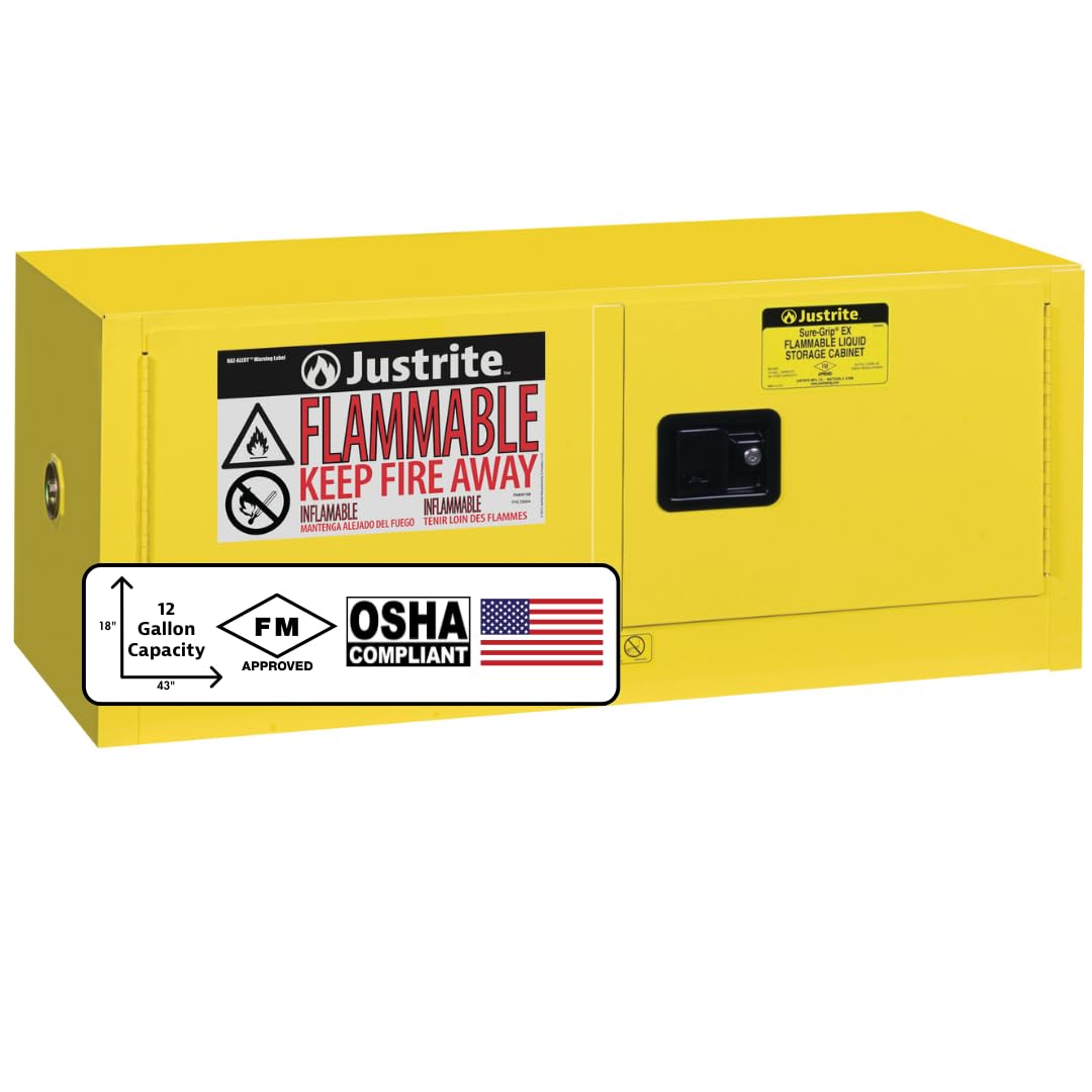 Justrite 12 Gallon Manual Close Piggyback Flammable Storage Cabinet, 18 Gauge Steel, 2 Door Fire Cabinet, 18" x 43" x 18", Made in The USA, Yellow,