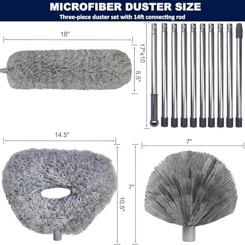 20+ Ft High Reach Ceiling Fan Duster & Cobweb & Corner Brush Duster with 3-14 ft Spliceable Pole Microfiber Feather Duster for Spider Web, High Ceiling, Blinds, Furniture Cleaning Tool Kit