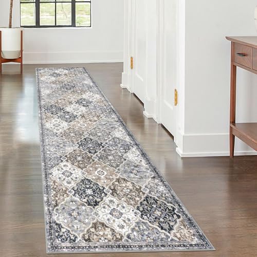 KILOCOCO 2x8 Runner Rug, Moroccan Super Soft Washable Hallway Runner Rug, Accent Print Faux Wool Kitchen Runner Rug 8 Feet Non-Slip Boho Rug Runner for Laundry Room Bedroom, Greenish Gray Beige
