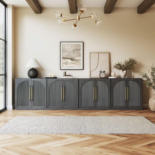 Image of BELLEZE Set of 2 65 inch Sideboard Cabinet with Double-Arc Wood Doors, Large Buffet Cabinet with Storage and Adjustable Shelves, Classic Modern Console Sideboard for Living Room Kitchen Entryway (Ebony)