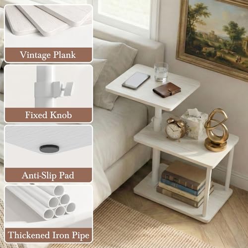 Image of Faesun 360 Swivel Side Table for Height Adjustable, C Shaped End Table for Couch with Storage, 3-Tier Night Stand with Open Shelf, Tv Tray for Small Spaces, Living Room, Bedroom, White