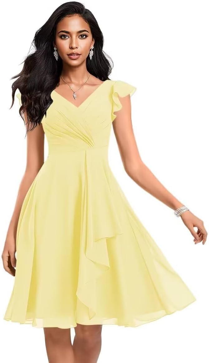 Fashionbride Short Chiffon Bridesmaid Dresses for Women V Neck Ruffles A Line Pleated Formal Evening Gowns AP49