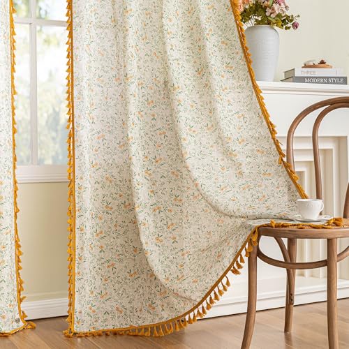Image of MYSKY HOME Floral Boho Linen Curtains 84 Inch Long 2 Panels Set with Yellow Tassels Farmhouse Semi Sheer Bohemian Spring Living /Dining Room Window Curtains Rustic Country Back Tab, 50 inch W, Green Leaf