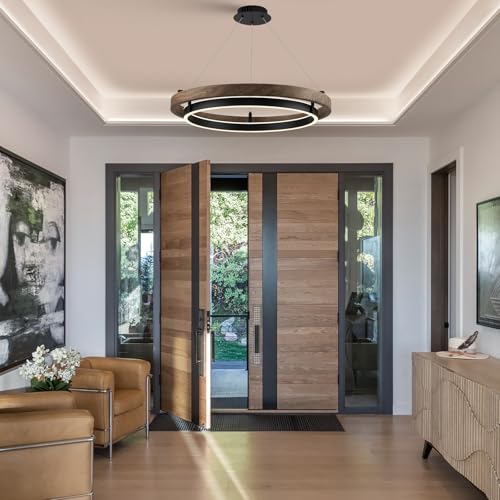 Image of LED 2 Ring Chandelier Dimmable Up Down Light Black Walnut Wood