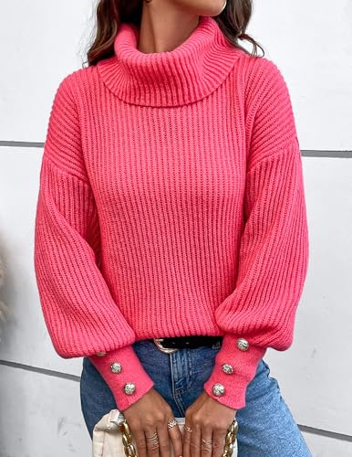 Womens Oversized Turtleneck Sweaters Fall 2024 Lightweight Thin Ribbed Knit Button Cropped Pullover Top4