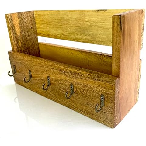 WRIGHTMART Rustic Wooden Wall Key Holder Organizer - Command Hooks for Hanging Keys, Storage for Phone, Wallet, Purse, Jewelry & Mail - Home Décor Wall Mount, Natural Finish Cover