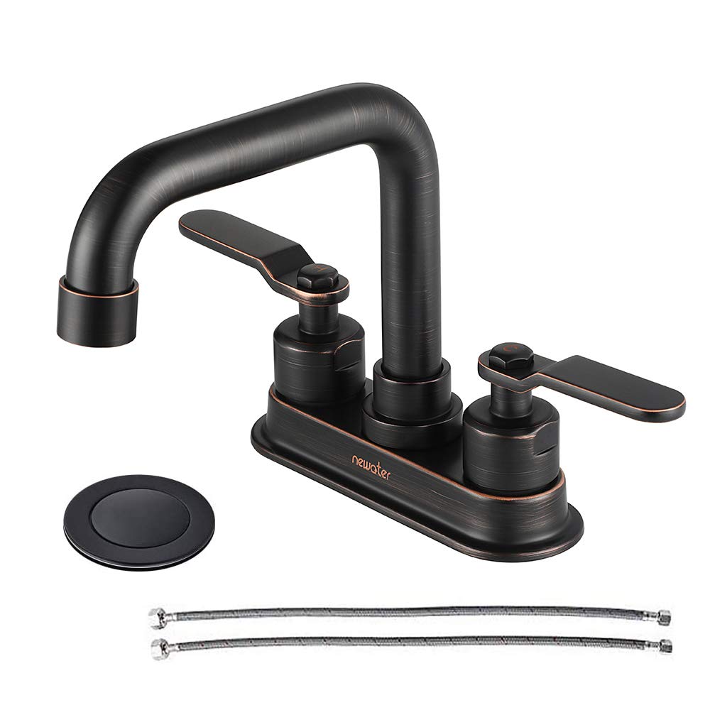 newater2-Handle 4 Inch Centerset Bathroom Sink Faucet with Metal Pop-up Sink Drain & Faucet Supply Lines，Lavatory Faucet Mixer Tap Deck Mounted，Oil Rubbed Bronze