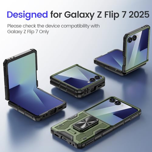 Image of VEGO Case for Samsung Galaxy Z Flip 7 with Built-in Screen Protector | Hinge Protection & 360Rotating Stand Anti-Scratch Full Body Drop Proof Protective Phone Case for Galaxy Flip 7 -Green