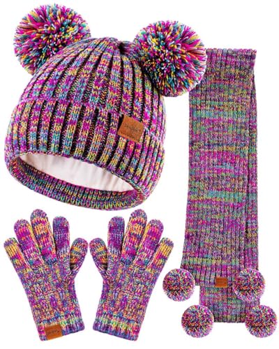 Kids Winter Hat Gloves Scarf Set, Girls Toddler Children Beanie with Pom Knit Neck Warmer Gaiter Mittens Fleece Lined Set（Rainbow Mix）