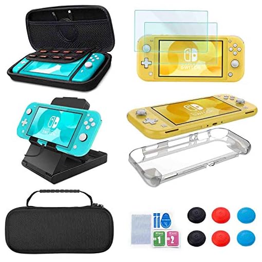 Accessories Kit for Nintendo Switch Lite - YOOWA Accessories Bundle with Carrying Case, Protective Cover case, 2-Pack Tempered Glass Screen Protector, Adjustable Play Stand, 6 Thumb Grips
