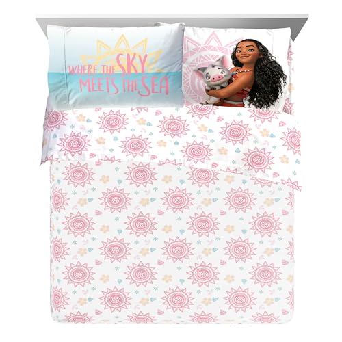 Image of Disney Moana Queen Comforter Set 7 Piece Kids Bedding for Girls, Multi | Bed in a Bag, Comforter Sheets Shams Pillowcases, Official Brand, Soft Microfiber, Machine Washable, Girls Gift