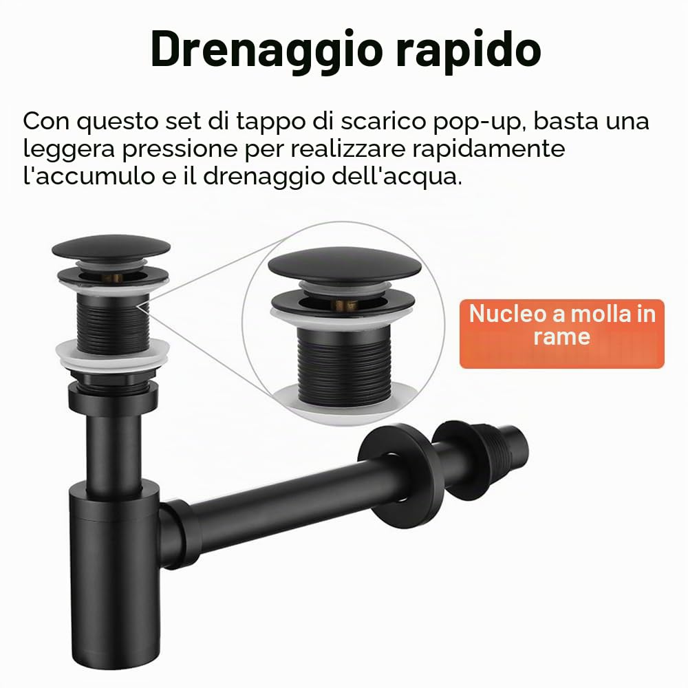 Set di Sifone per Lavandino da Bagno, Set di Tappo per Lavandino in Acciaio Inox P-Trap senza Troppopieno, Kit di Scarico per Lavandino da Bagno (Oro Spazzolato)