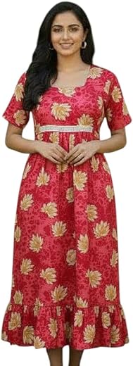 Pure Cotton Feeding Nighty for Women with 2 Invisible Zips | Maternity &amp; Nursing Nighty Frock | Waist Rope, Soft &amp; Breatha...