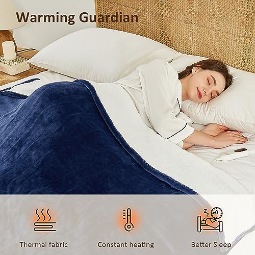 JKMAX Heated Electric Blanket Twin Size - 62"x84" Flannel Heating Blanket with 10 Heating Levels & 5 Time Settings Over-Heat Protection, Winter Warmer for Adults with ETL Certification(Navy Blue)