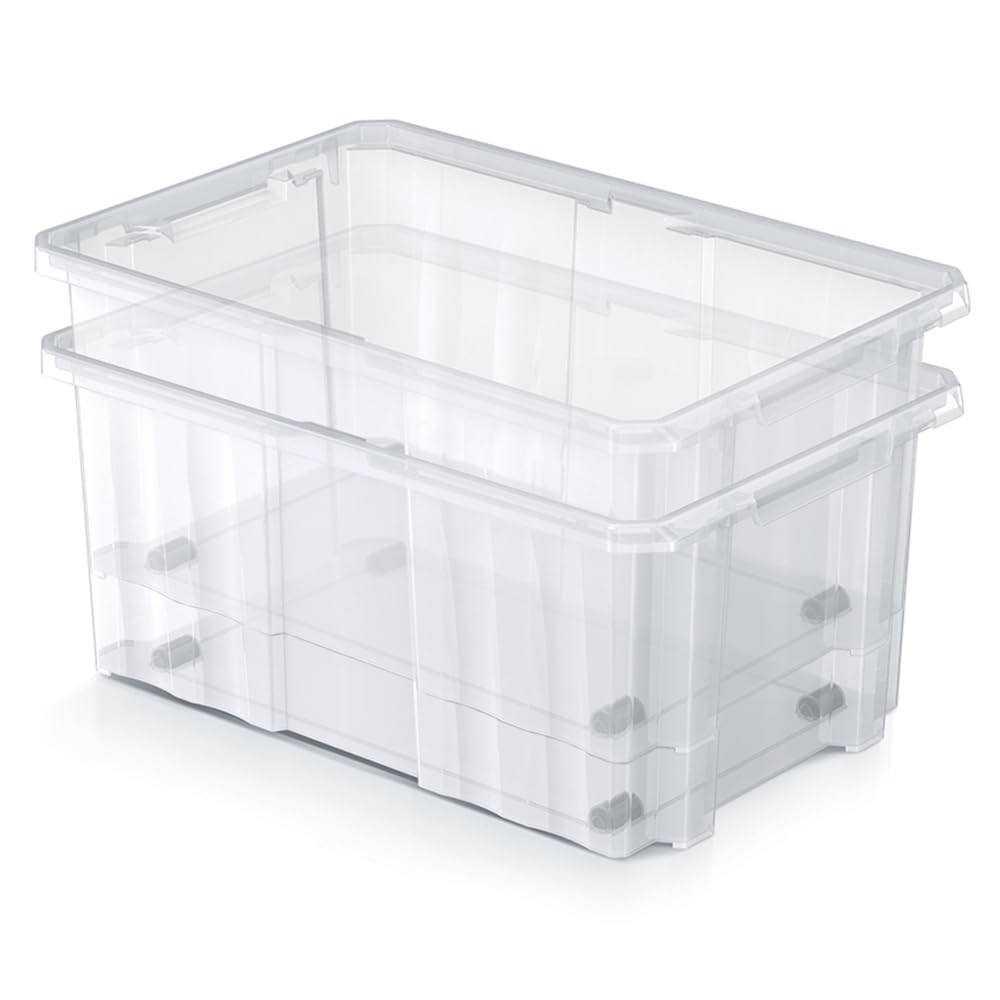 Set di 10 Scatole Contenitori Trasparenti con Coperchio Cargobox 60x40x26,5 cm 16 Litri Impilabili in Plastica Resistente