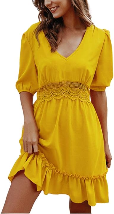 Abiti Estivi Donna Mezze Maniche Classiche con Scollo A V Abito Moda  Pieghettato Tinta Unita Sottile Semplice Tendenza Calda Vacanze Brevi Abiti  Casual Primavera Estate : Amazon.it: Abbigliamento
