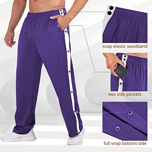 Deyeek Men's Tear Away Basketball Pants High Split Snap Button Casual Post-Surgery Sweatpants With Pockets Purple #TOP2