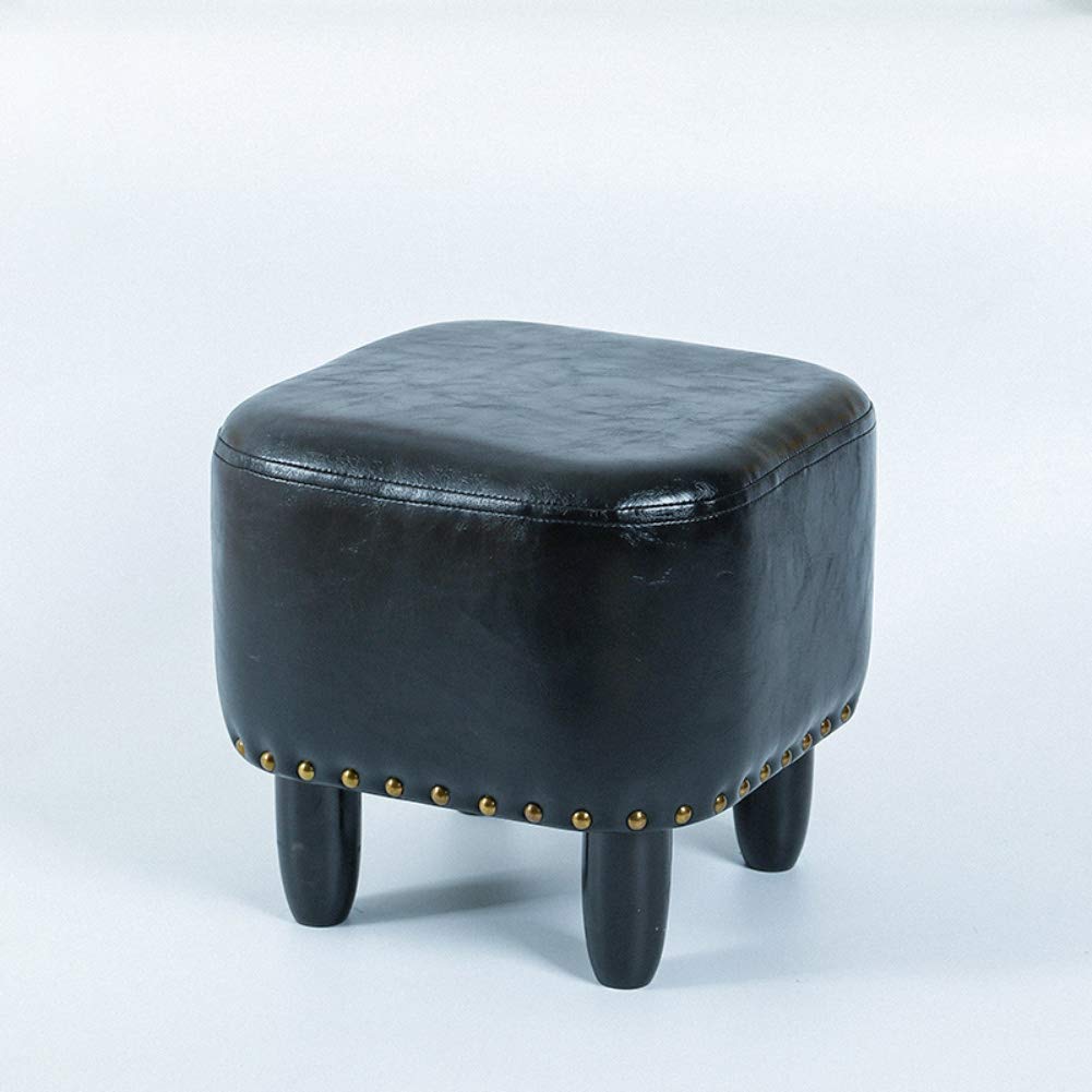 Repose-pieds en cuir PU noir de 30 cm avec 4 pieds en bois et assise rembourrée carrée
