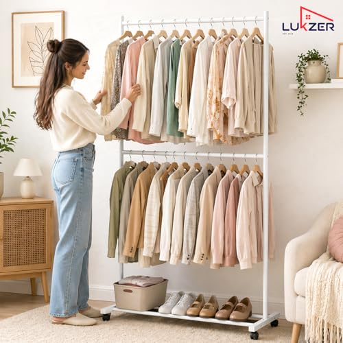Image of Lukzer Double Rod Garment Rack with Wheels | MGS-006 / White | Heavy-Duty Metal Clothes Stand Organizer with Bottom Shelf | Rolling Clothing Rack for Bedroom, Laundry & Boutique (183 x 110 x 40 cm)