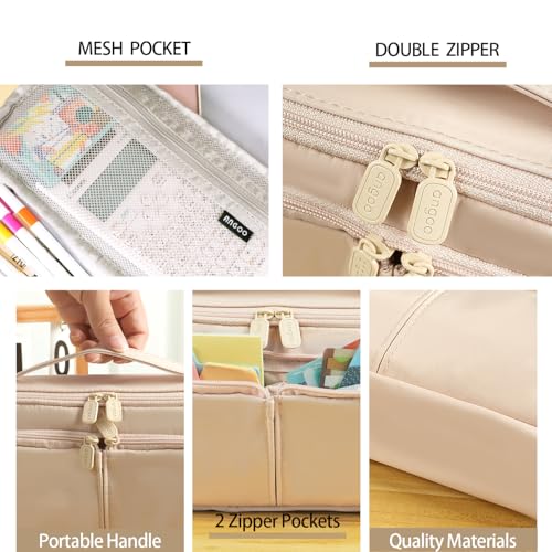 Image of Pencil Case Large Capacity Pencil Pouch Pen Bag with Handle, Portable Pencil Case Pencil Bags with Zipper Student Stationery Bag for Girls and Boys Teen Adults Men Women (Beige)