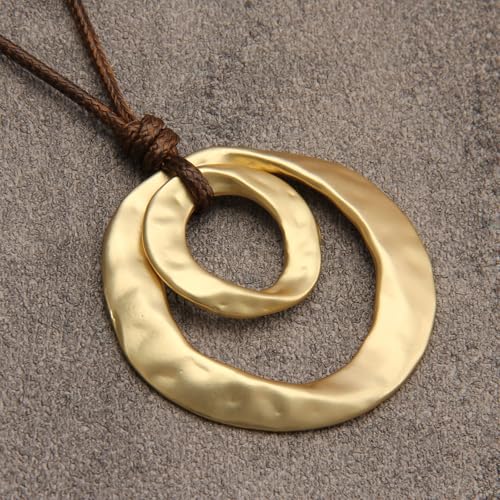 GelConnie Leather Necklace for Women Round Wooden Pendant Long Leather Choker Vintage Sweater Necklace Gold Chunky Boho Necklaces for Women4