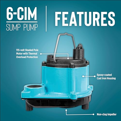 Image of Little Giant 6-CIM-R 115-Volt, 1 /3 HP, 2750 GPH Manual (No Switch) Submersible Sump Pump for Sump Systems and General Dewatering, 10-Ft. Cord, Blue, 506271