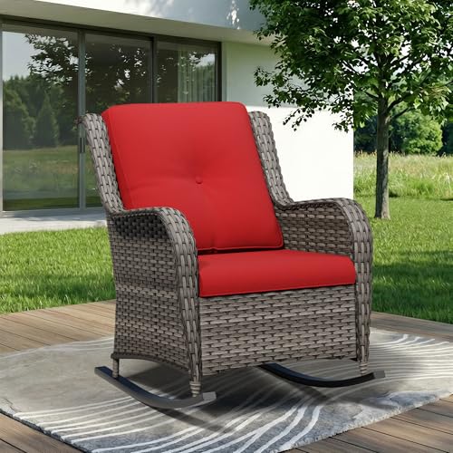 Image of Outdoor Rocking Chair, Wicker Patio Chair with Thickened Olefin Cushions, High Back and Deep Seating, Hand-Woven PE Rattan for Porch, Deck, Balcony, Red