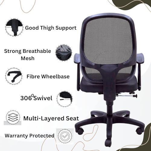 Image of Office Arm Chair with Frame, Mesh Back, Nylon Base, and Adjustable Handle, Cushion Fabric (802 Chair-Black)
