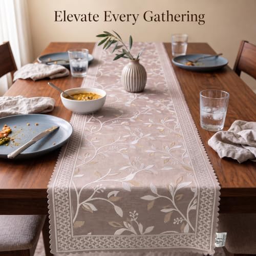 Image of Premium Embroidered Dining Table Runner 6 Seater | Washable Heat Resistant Fabric | Cotton-Silk Blend | Fits 4 & 8 Seater Dining Table | Centre Table Decor | 13 x 72 Inch | Rose Gold