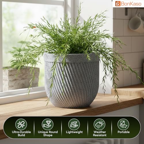 Image of Bonkaso 12 Inch Seltos Ribbed Planter for Indoor & Outdoor Use | Round Heavy Duty Polymer Flower Pot | Lightweight Weather Resistant Modern Gamla for Living Room Balcony & Terrace (Light Grey)