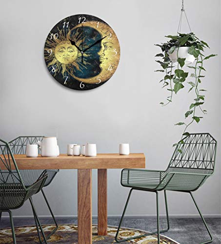Ahomy Round Wall Clock Boho Sun And Moon Stars Home Art Decor Non-Ticking Numeral Clock For Home Office #TOP4