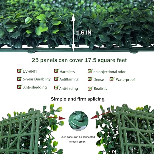 ODTORY Artificial Grass Wall Panel Backdrop,10 X 10 in 25P(17.5 sqft) UV-Anti Greenery Boxwood Panels for Indoor Outdoor Green Wall Decor & Ivy Fence Covering Privacy