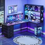 AODK 63" L Shaped Gaming Desk with Hutch, Pegboard & Shelves, L Shaped Desk with 4 Drawers, Integrated LED Light Strip & Power Outlets, Reversible PC Gaming Computer Desk, Black - Image 2