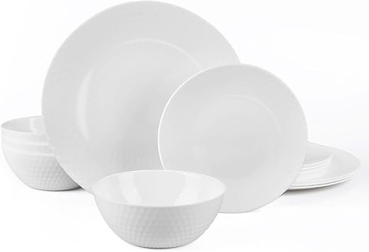 Dinnerware Sets for 4, 12 Piece White Opal Glass Dish Set | Lightweight durable plates & bowls with geometric faceted design, dishwasher & microwave safe, thin yet strong