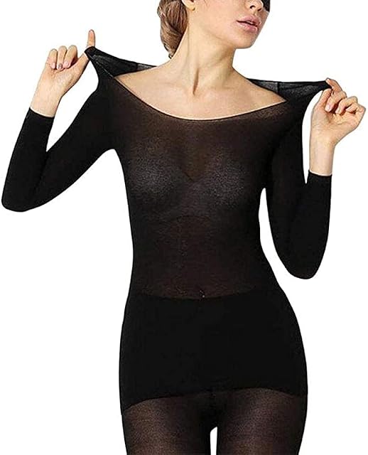 Bellap Seamless Thermal Innerwear Set 37, Thermal Women Thermal Underwear Set Base Layer Long Sleeve Top & Leggings Winter Black