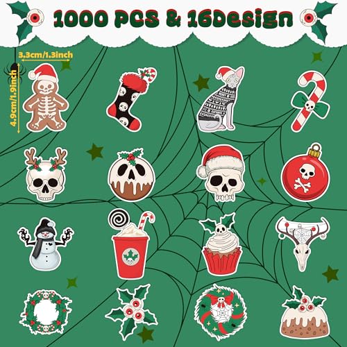 Image of Horror Christmas Roll Sticker - 1000 Pcs Spooky Santa Scary Xmas Stickers Rolls, 16 Designs for Water Bottles, Laptops, Party Decor, Unique Festive Gift for Halloween and Holiday Lovers