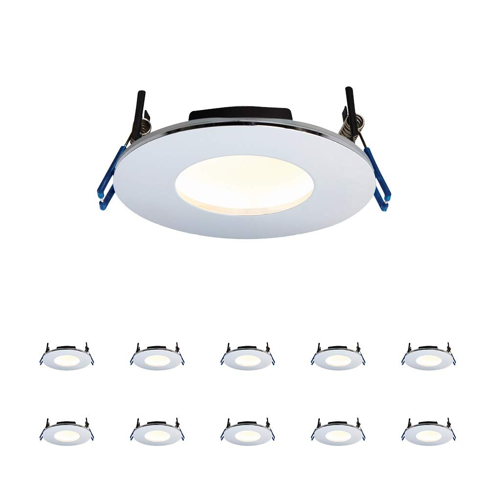 Fire Rated Downlights, Chrome Ultra Slim Bathroom/Shower IP65 Ceiling Lights, Anti-Glare LED Warm White 3000K, 9W 460 Lumens, 120 Degree Wide Beam Angle, Long-life 30,000 Hours - Pack of 10