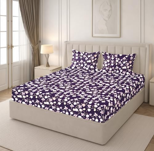Image of RD TREND Premium Soft Cloud Cotton Floral Bedsheet for Double Bed | Size-90x90 Inches Queen Bedsheets with 2 Matching Pillow Covers (18x28 Inch) Plum Purple