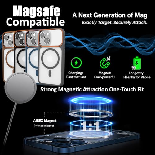 Image of AIBEX Magnetic Compatible Shockproof Case for iPhone 15 - Slim Protective Back Cover with Camera Lens Protection, Strong Magnetic Support, Anti-Slip Grip, Military Grade Drop Protection (Grey)