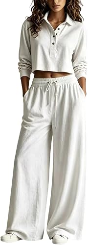 2 Piece Lounge Set for Women Polo Collar Cropped Top Flowy Wide Leg Pants