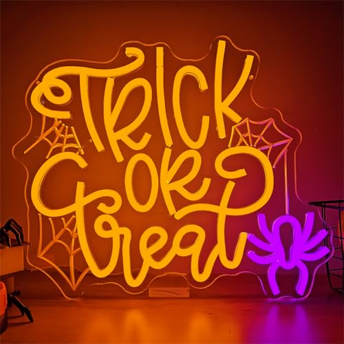 Image of Halloween Neon Sign Trick Or Treat Neon Sign for Wall Decor Halloween Spider Led Neon Light Sign Neon Halloween Sign Dimmable Light Up Sign for Halloween Decorations Party Decor Home Bar