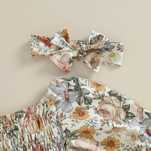 Infant Baby Girl Square-Neck Boho Floral Romper Long Sleeve Ruched Ruffle Jumpsuit Headband Newborn Spring Clothes3